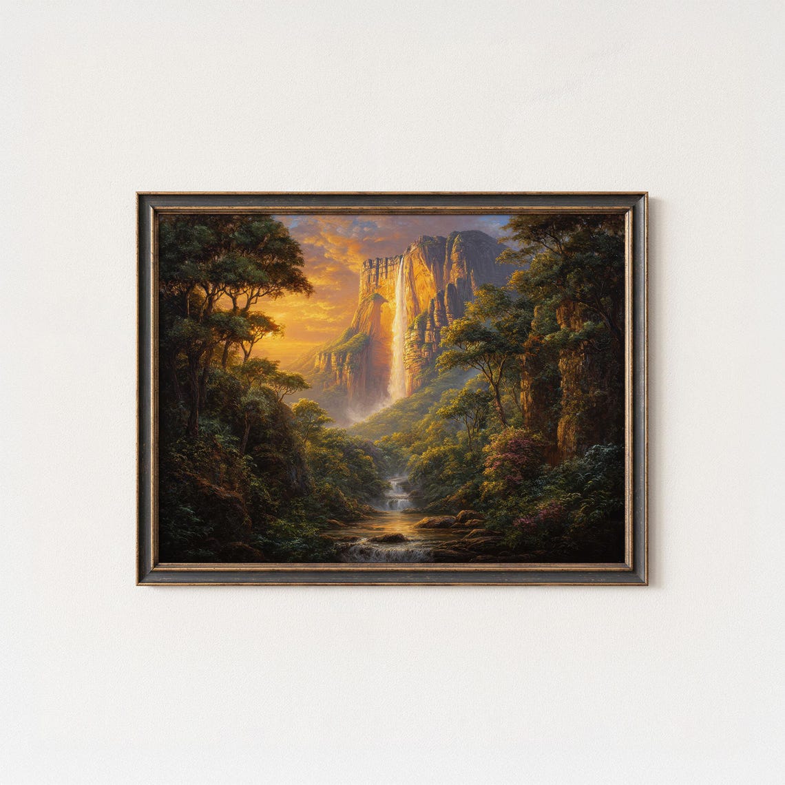 Sunset Waterfall Cliff Jungle Golden Landscape Painting Poster