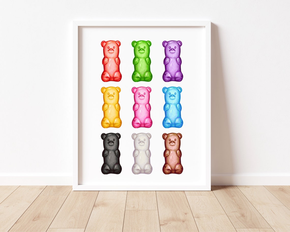 Rainbow Gummy Bear Watercolor Grid Playful Kids Room Wall Art