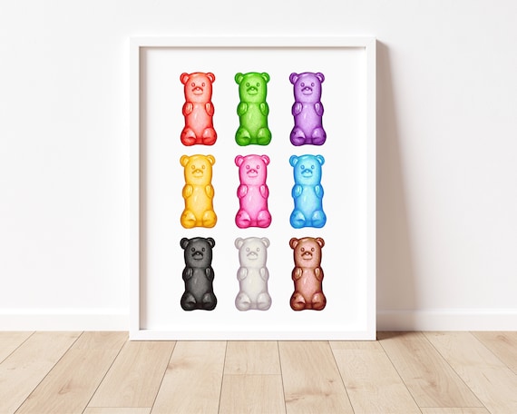Rainbow Gummy Bear Watercolor Grid Playful Kids Room Wall Art
