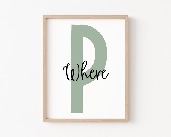 Where Letter P Initial Sage Green Script Nursery Kids Poster