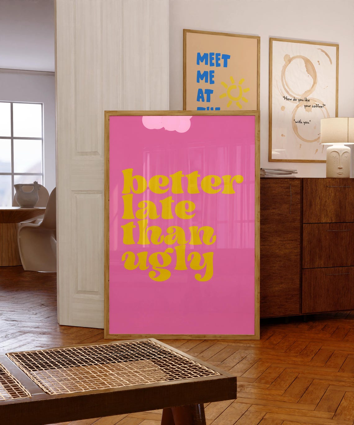 Better Late Than Ugly Pink Yellow Retro Cheeky Typography Poster