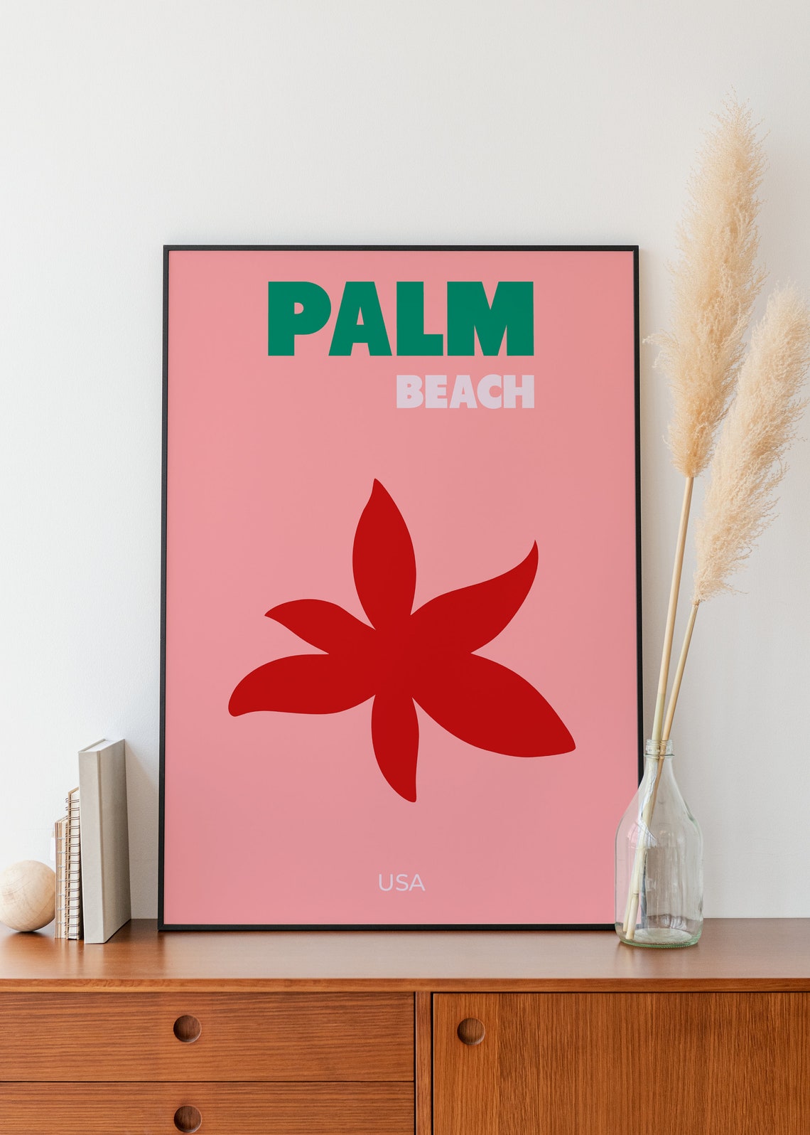 Palm Beach USA Travel Poster with Pink Tropical Flower Art Design