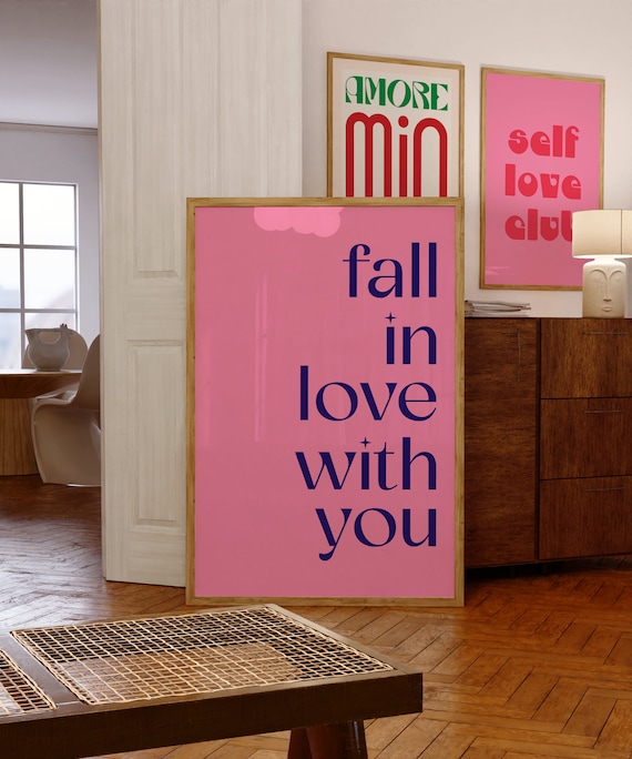 Fall In Love With You Pink Retro Typography Decor with Sparkles Poster
