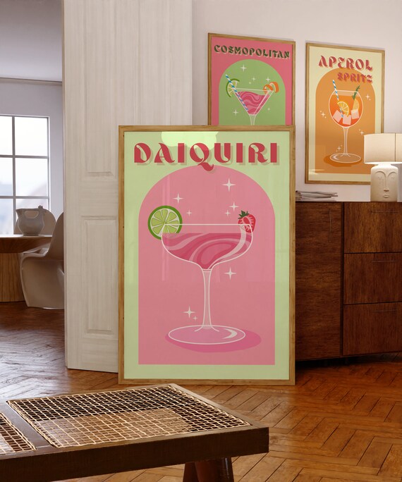 Pink Strawberry Daiquiri Retro Cocktail Bar Decor with Pink Lime Garnish Poster