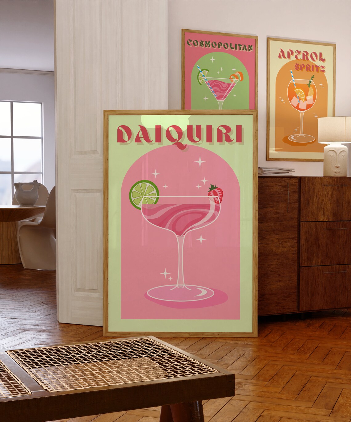 Pink Strawberry Daiquiri Retro Cocktail Bar Decor with Pink Lime Garnish Poster