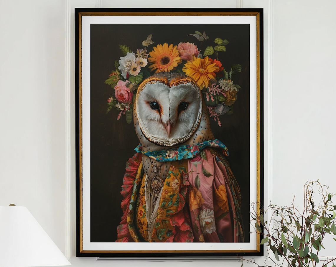 Regal Barn Owl Flower Crown Portrait Floral Baroque Animal Poster