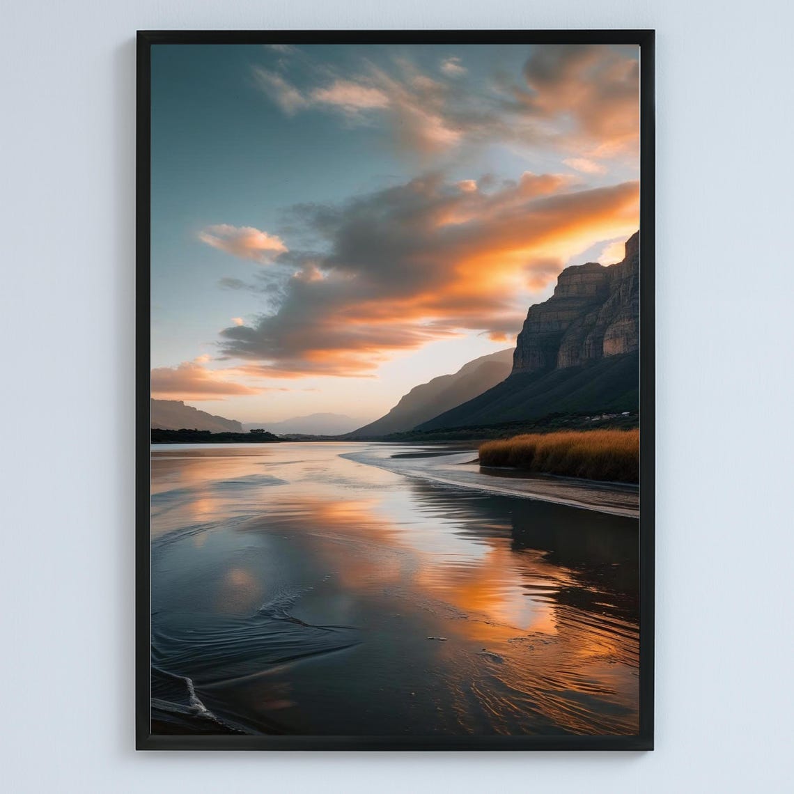 River Sunset Cliffs Reflections Golden Hour Landscape Nature Poster