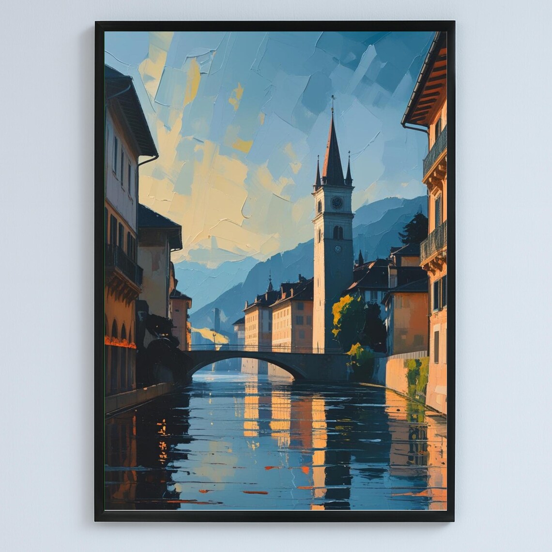 Geneva Switzerland Canal Church Tower Impressionist Cityscape Art Poster