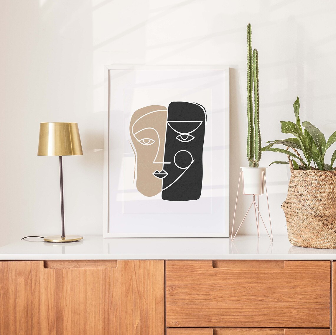 Abstract Split Face Beige Black White Line Art Portrait Poster - Image 2
