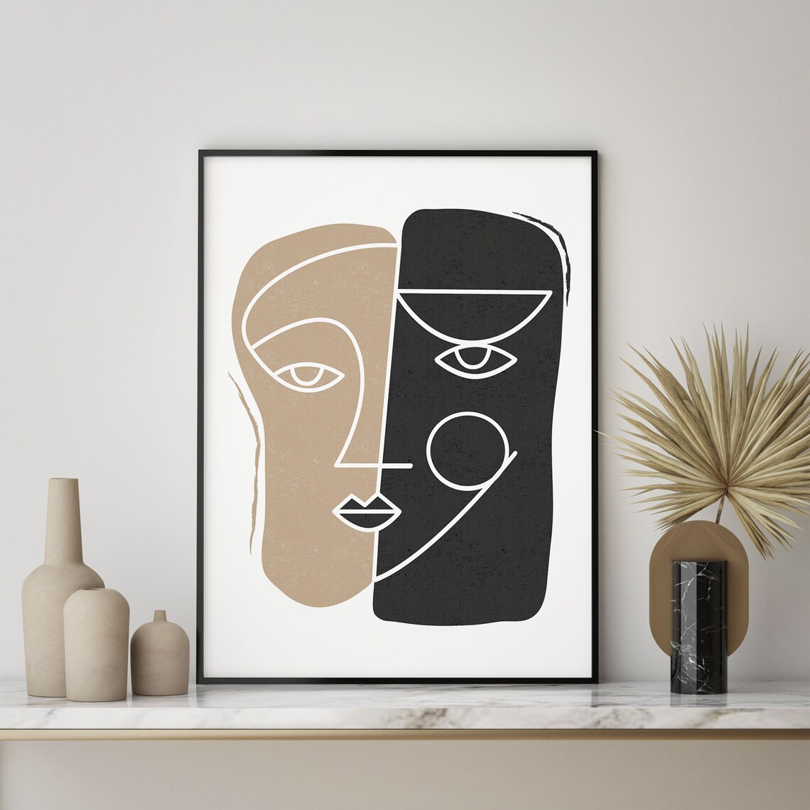 Abstract Split Face Beige Black White Line Art Portrait Poster - Image 4