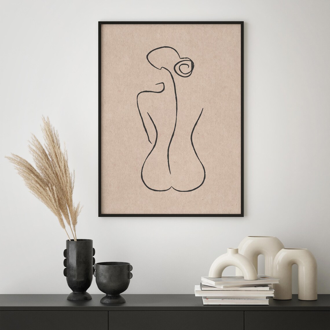 Minimalist One Line Female Nude Figure Beige Line Art Poster - Image 2