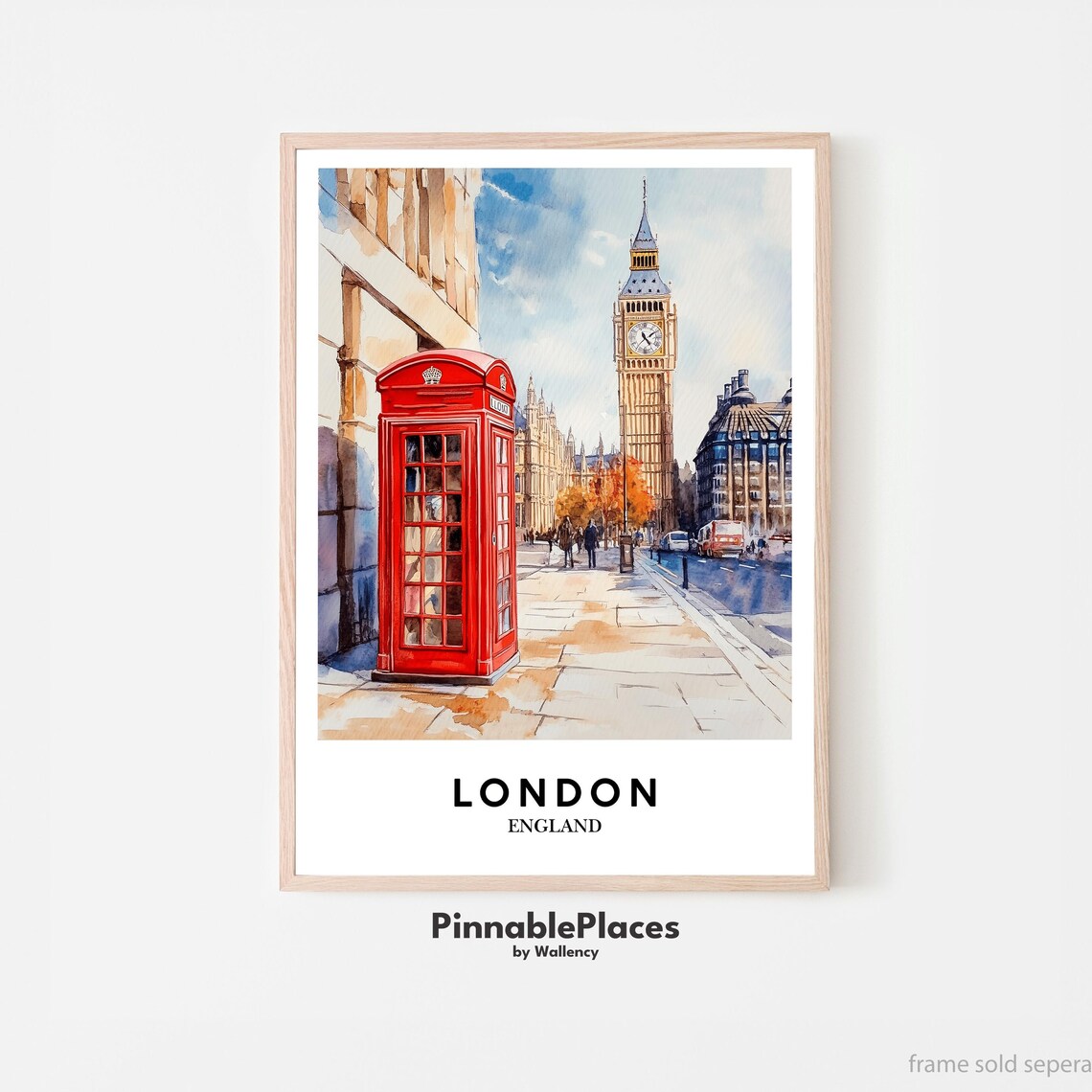 London England Red Telephone Booth Big Ben Watercolor Street Poster