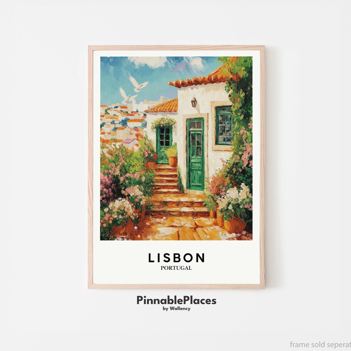Lisbon Portugal Old Portuguese House Green Door Oil Painting Poster