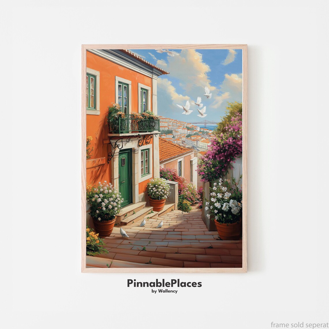Lisbon Portuguese Old House Flower Steps Doves Sunny Travel Poster