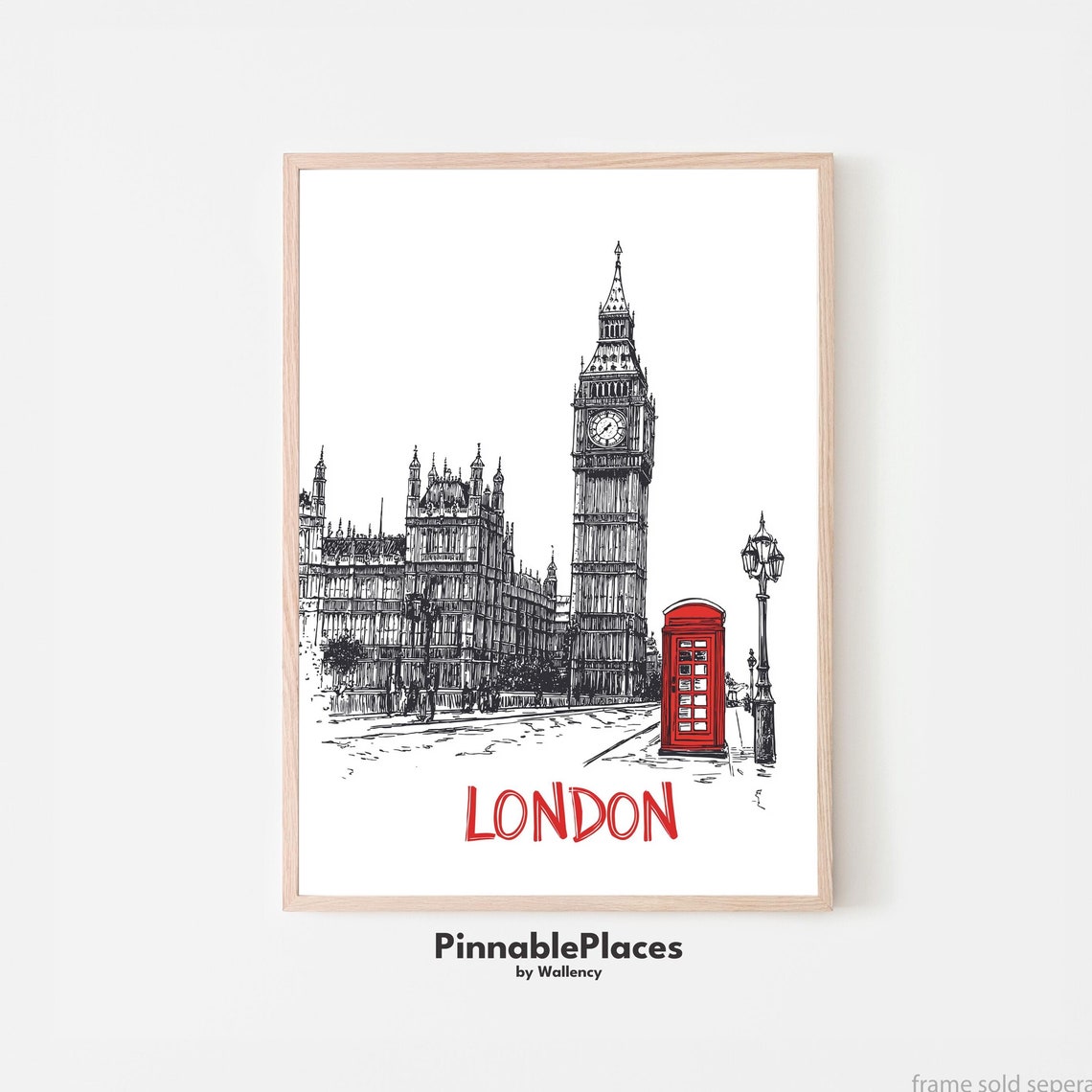 London Big Ben Parliament Red Phone Booth Line Art Sketch Poster