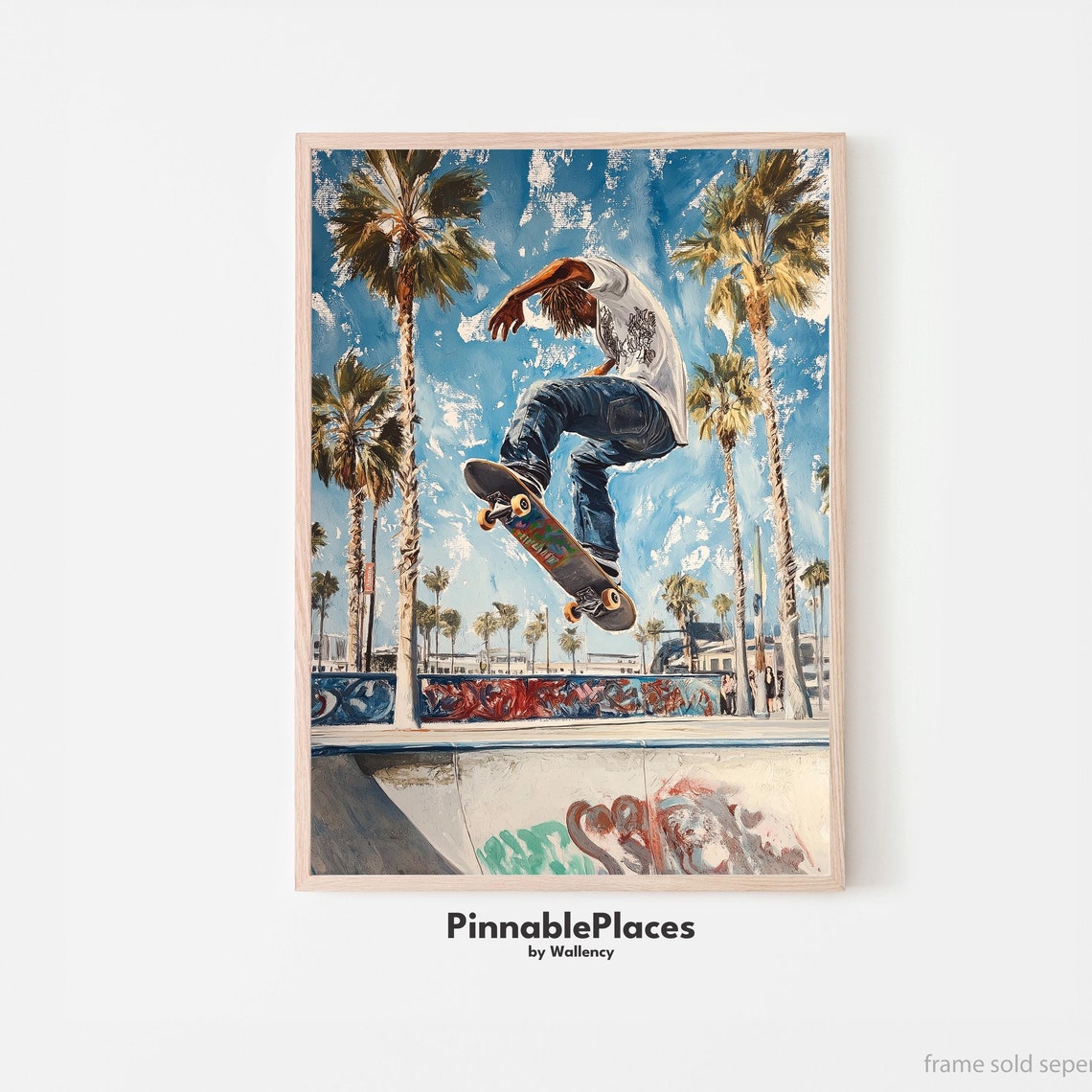 Skateboarder Mid-Air Palm Trees Graffiti Skatepark Painterly Poster