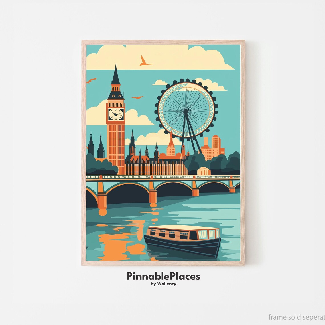 London Big Ben and London Eye Westminster Vintage Travel Poster