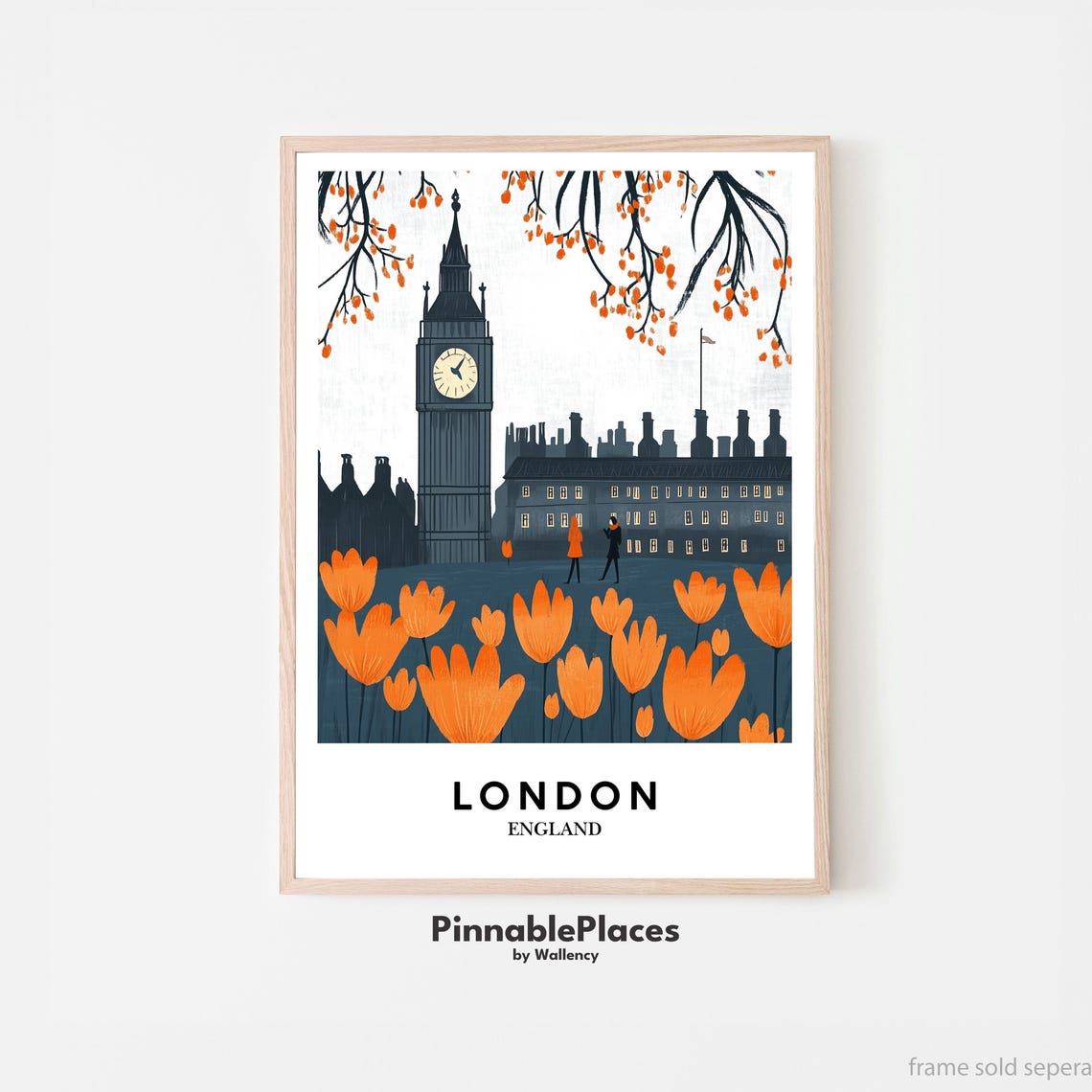 London England Big Ben Orange Tulips Minimalist Cityscape Art Poster