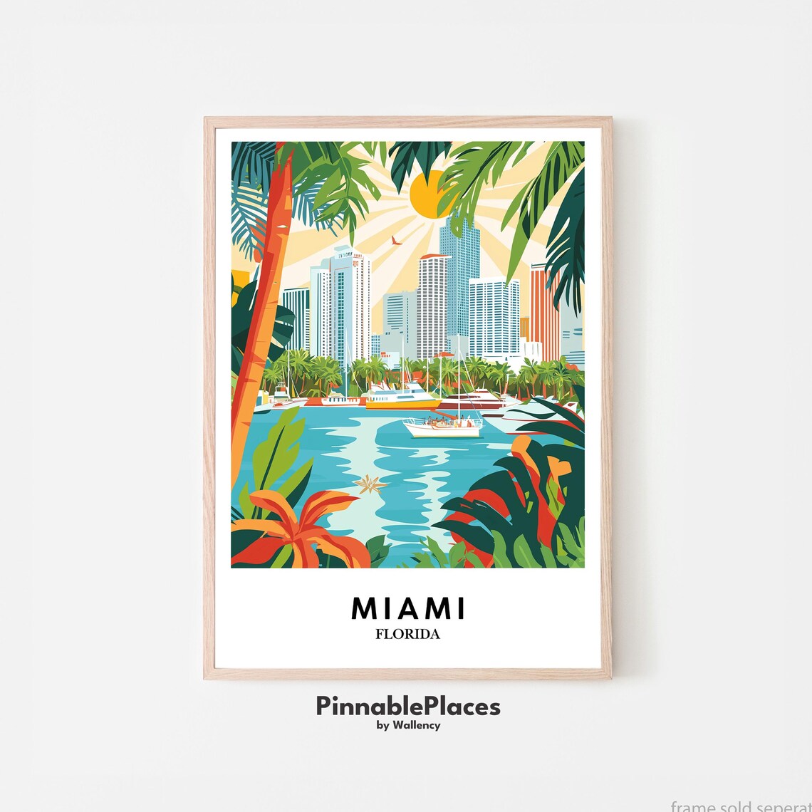 Miami Florida Tropical Skyline Palm Trees Retro Travel Art Poster