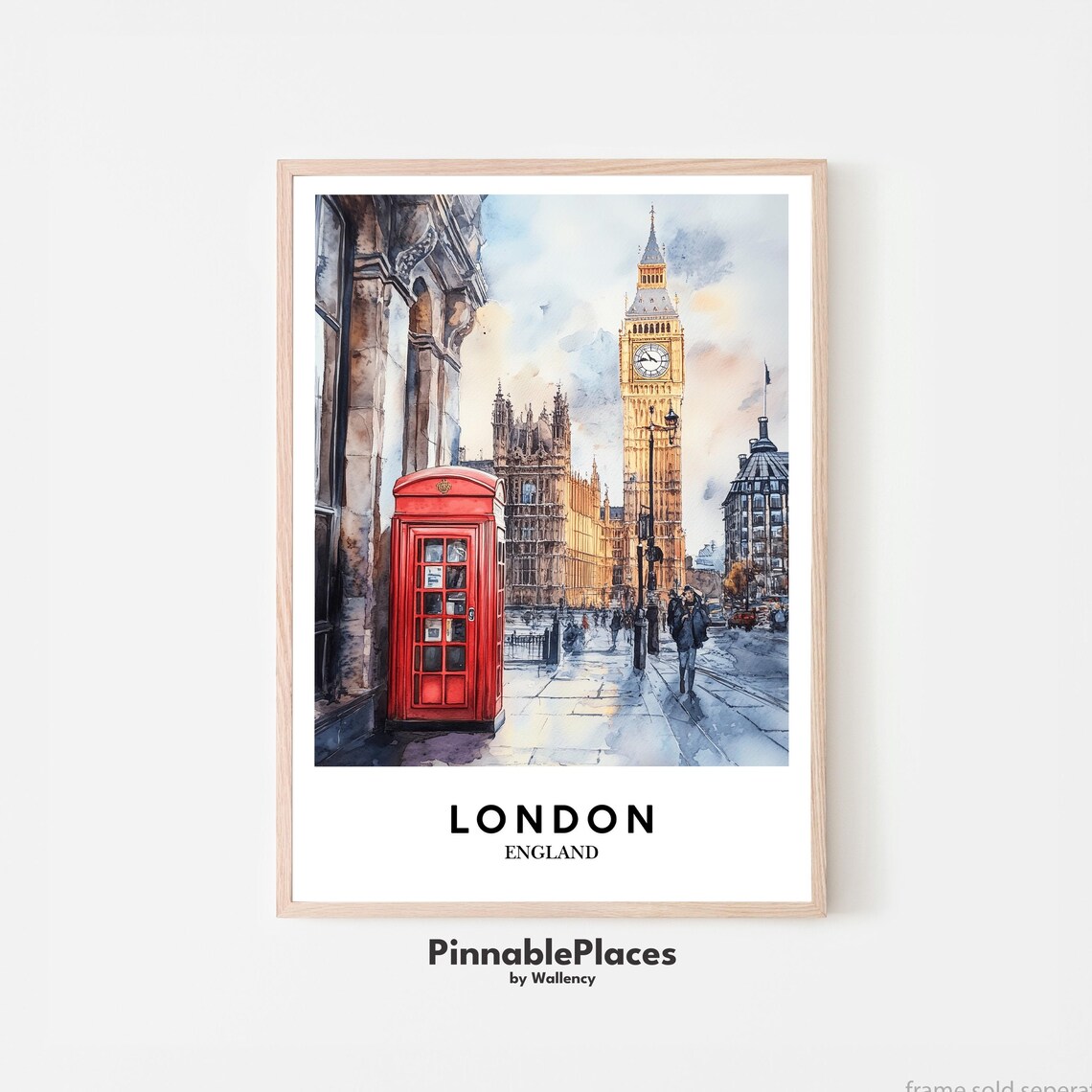 London England Watercolor Big Ben Street Red Booth Painted Poster