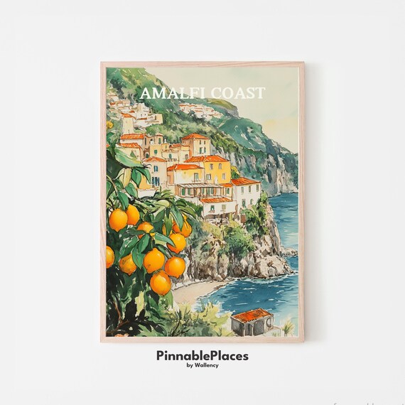 Amalfi Coast Watercolor Lemon Tree Cliffside Town Italy Poster