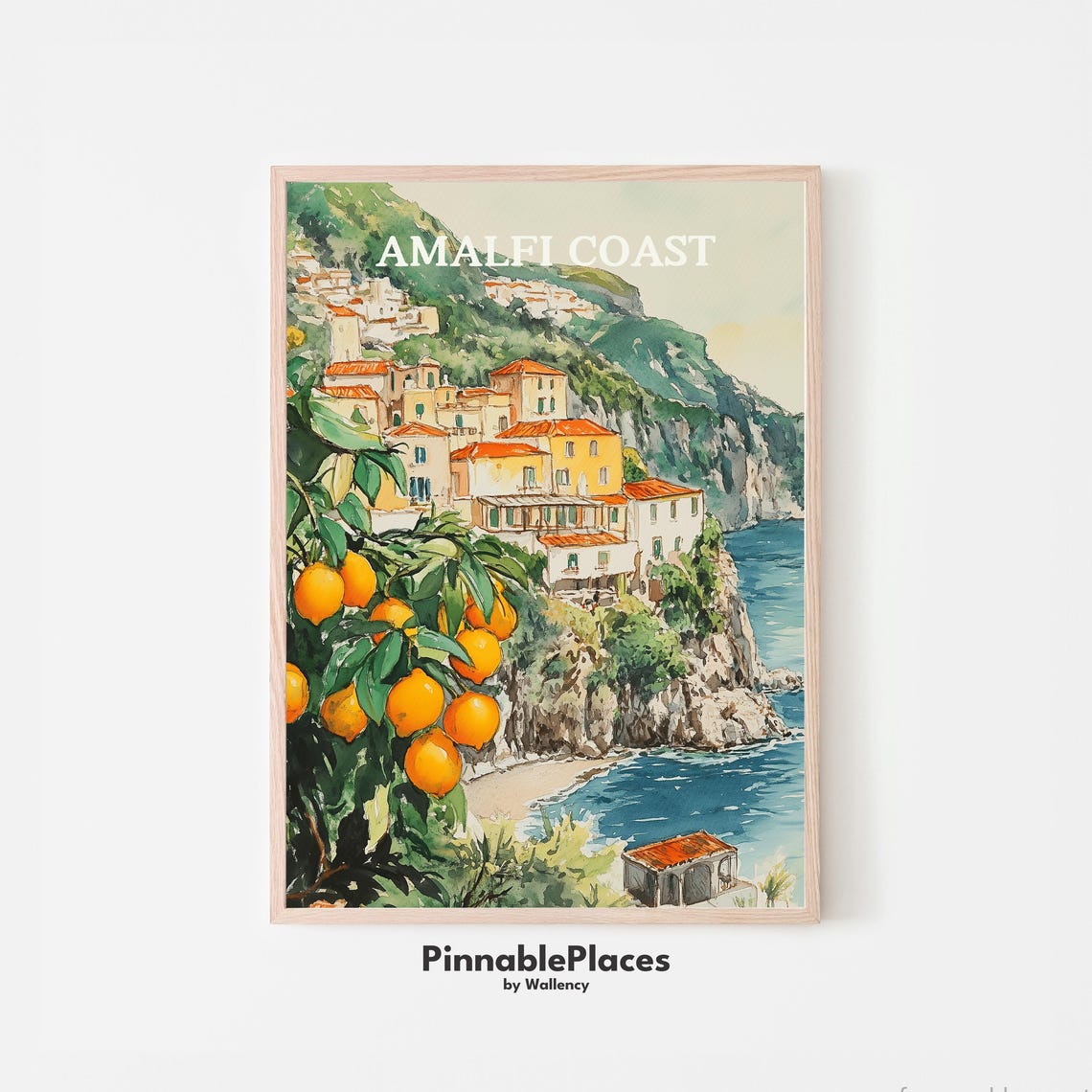 Amalfi Coast Watercolor Lemon Tree Cliffside Town Italy Poster