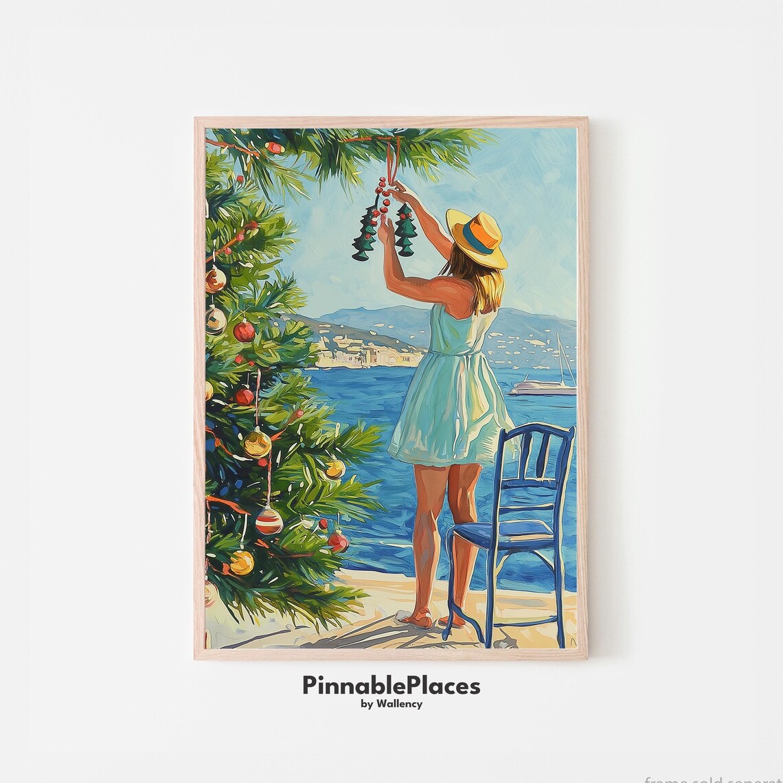 Coastal Christmas Tree Woman by the Sea Gouache Holiday Poster