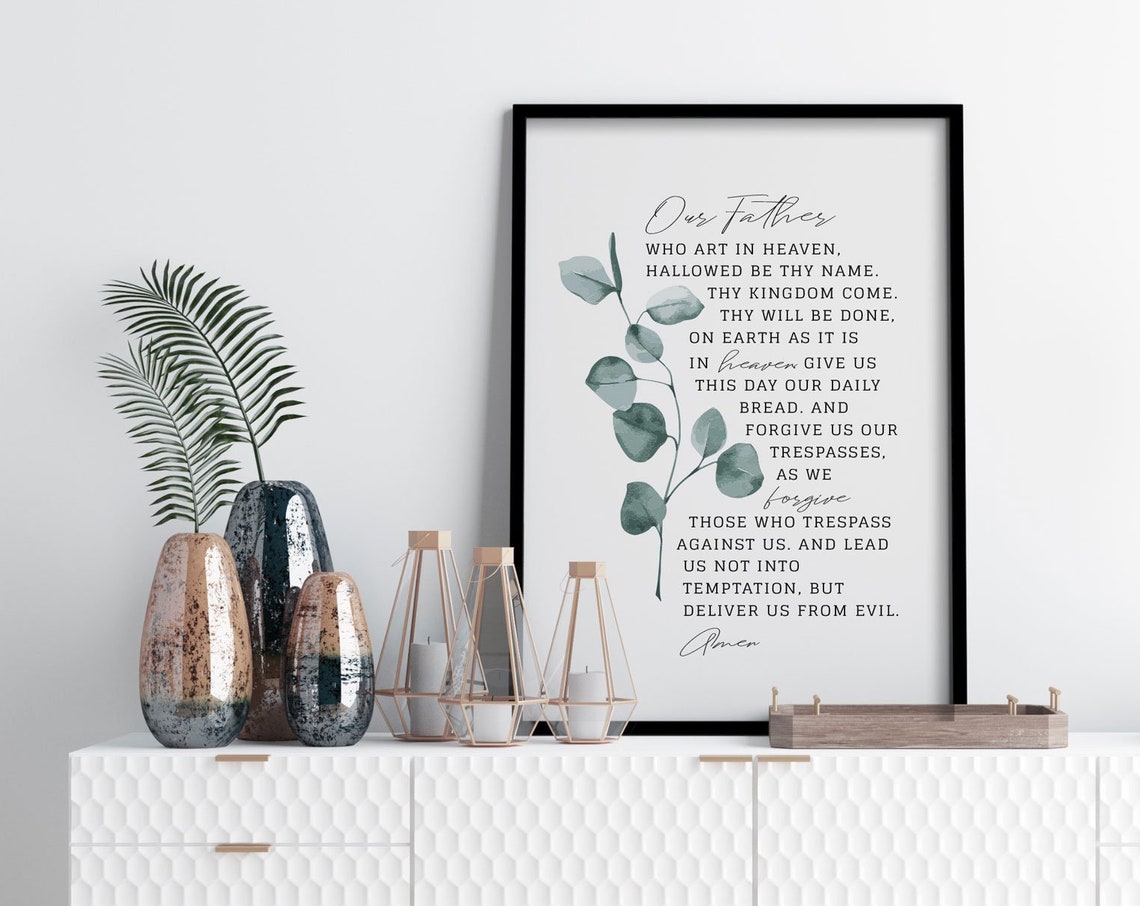 Our Father Prayer Text Eucalyptus Black Frame Religious Poster