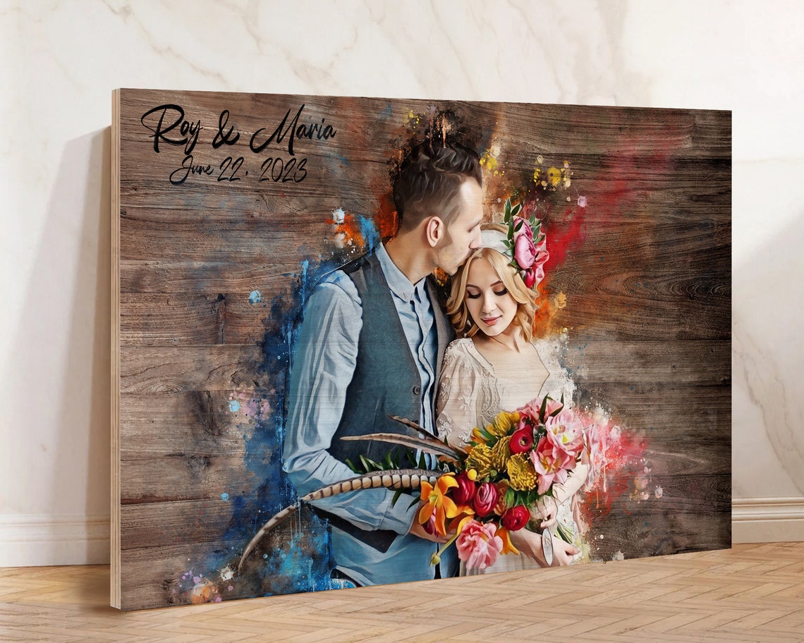 Custom Wedding Couple Watercolor Portrait Names and Date Poster - Image 2