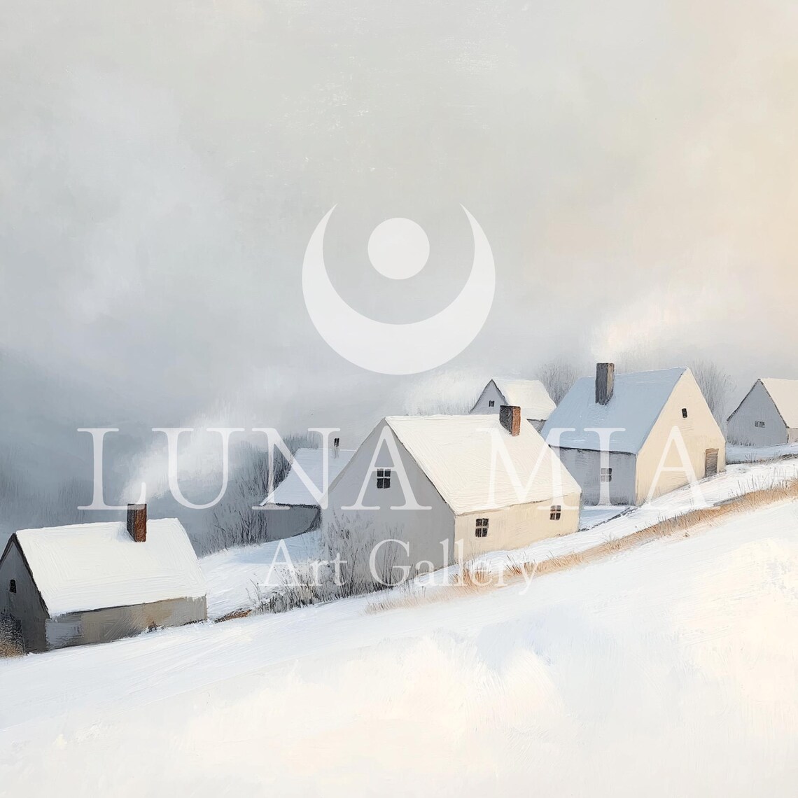 White Village Cottages in Deep Snow Minimalist Winter Art Poster - Image 5