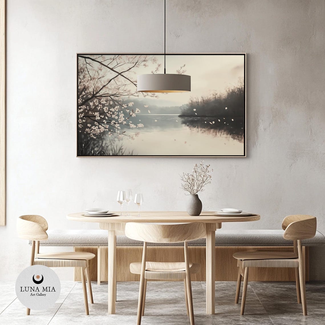 Cherry Blossom Branches Over A Misty Lake With Drifting Petals Poster - Image 3