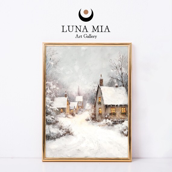 Snowy Village Cottages With Warm Glowing Windows Soft Winter Scene Poster