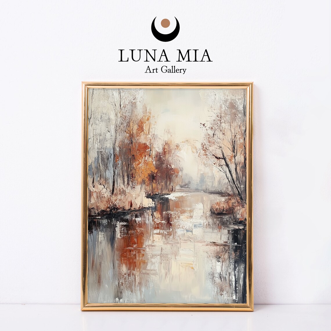 Abstract Autumn Lake Tree Reflections Rust Beige Oil Art Poster