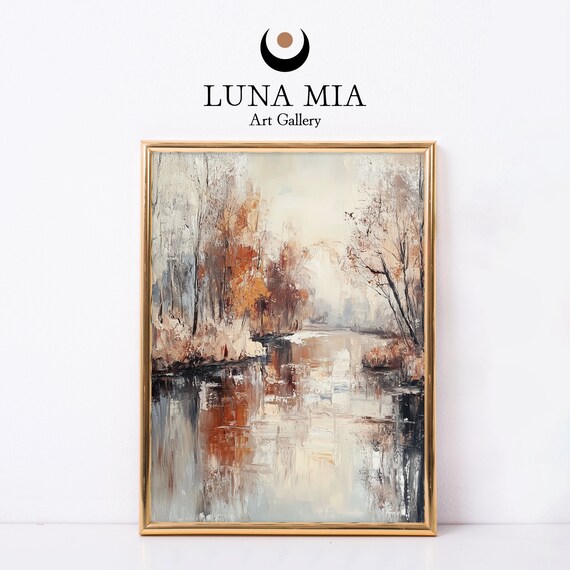 Abstract Autumn Lake Tree Reflections Rust Beige Oil Art Poster