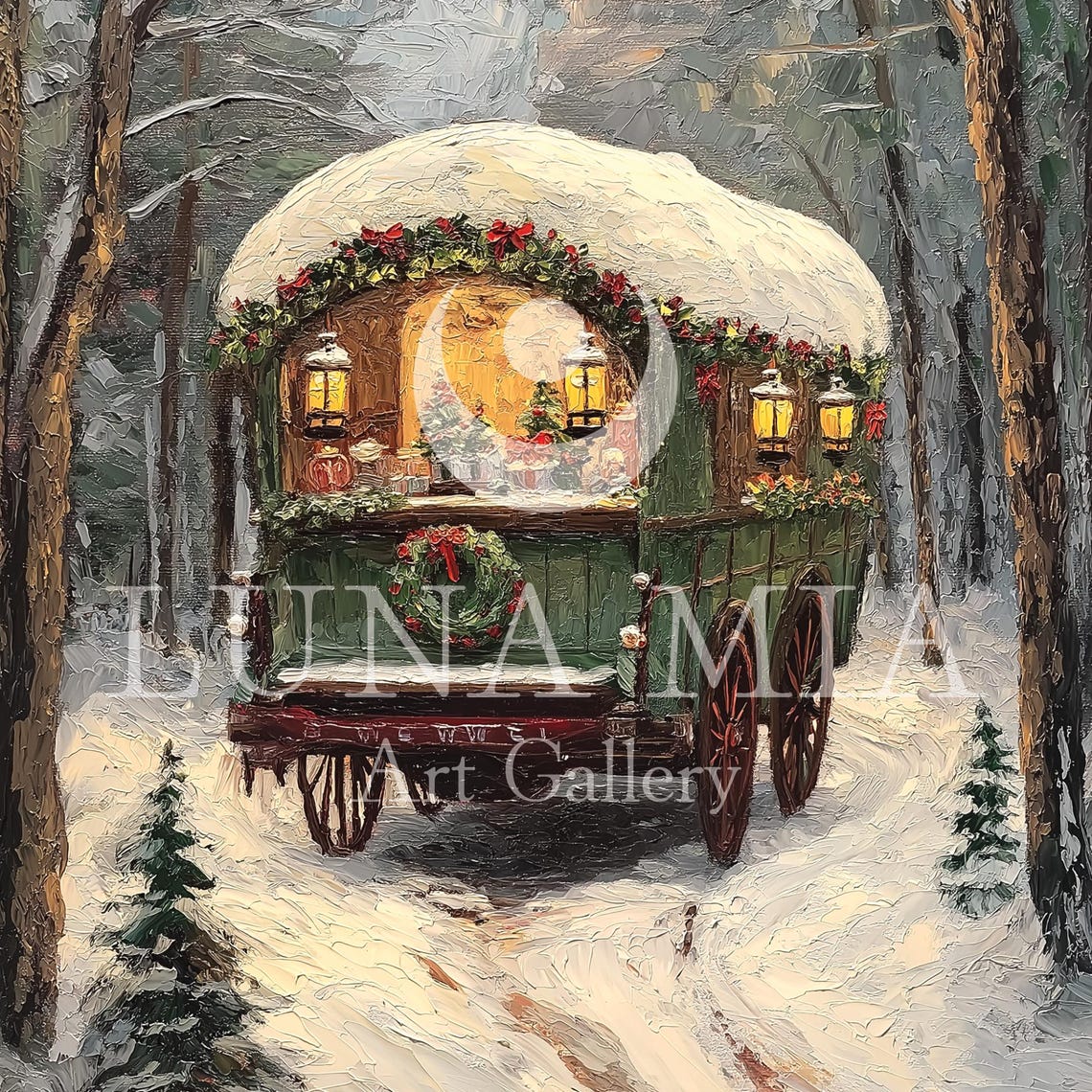 19th Century Wagon Shop Oil Painting Vintage Wall Art With Handmade Christmas Gifts Lanterns Wreaths Snowy Warm Holiday Glow - Image 5