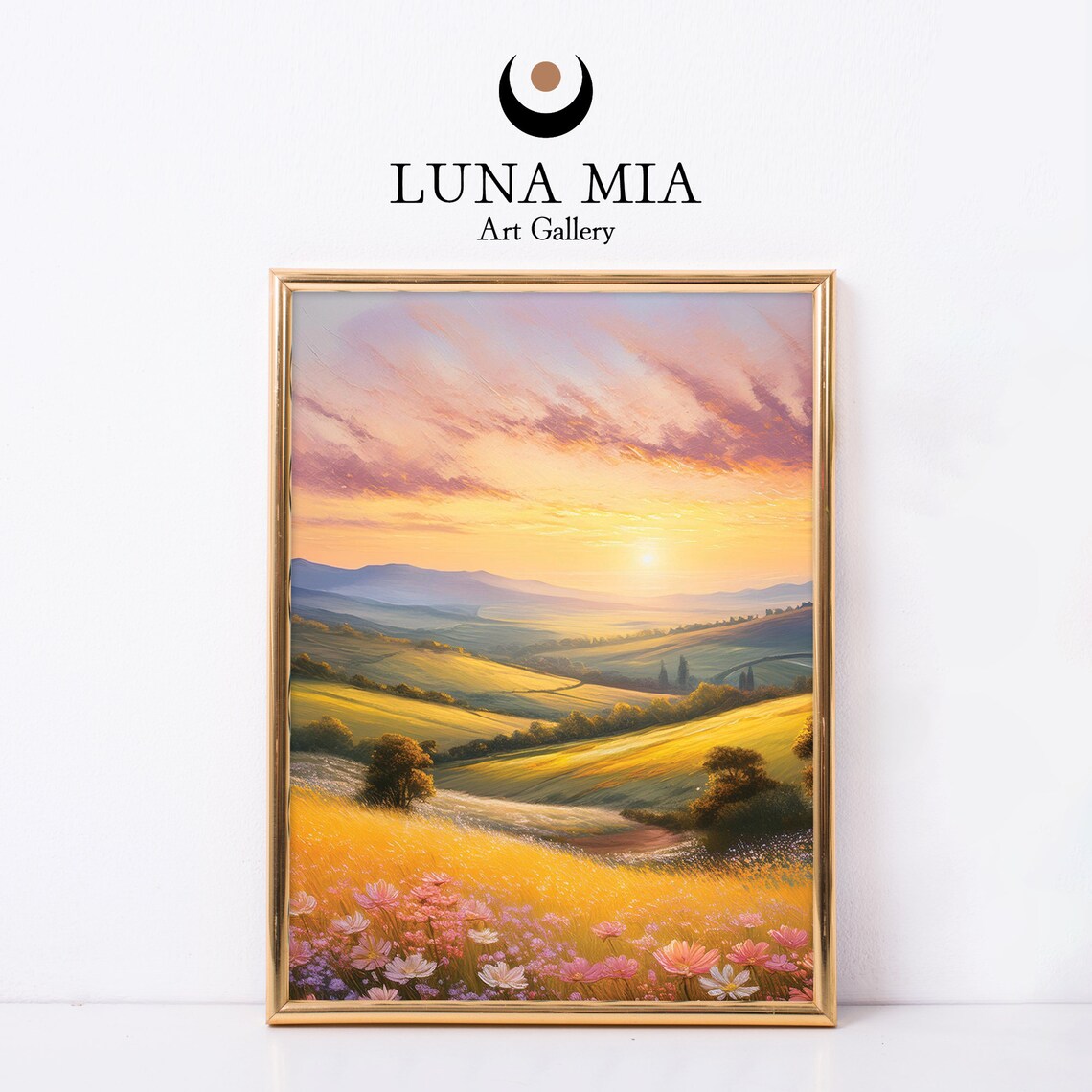 Spring Valley Sunset Golden Hills Pink Cosmos Field Oil Painting Poster