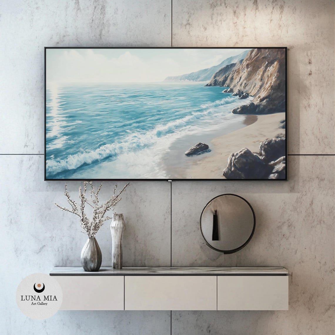 Turquoise Ocean Waves and Cliffs Vintage Coastal Landscape Poster - Image 2