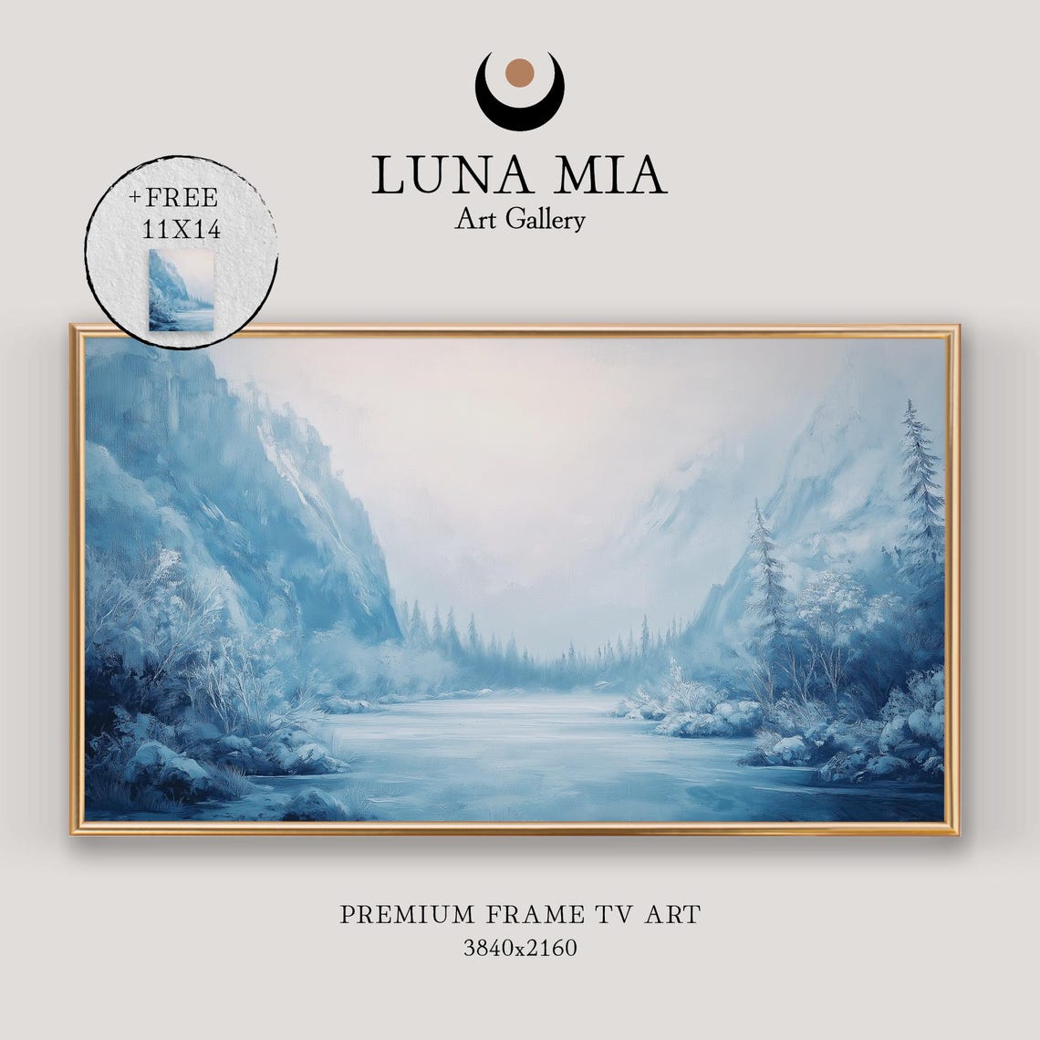 Icy Blue Mountain Valley With A Frozen River Winter Landscape Poster