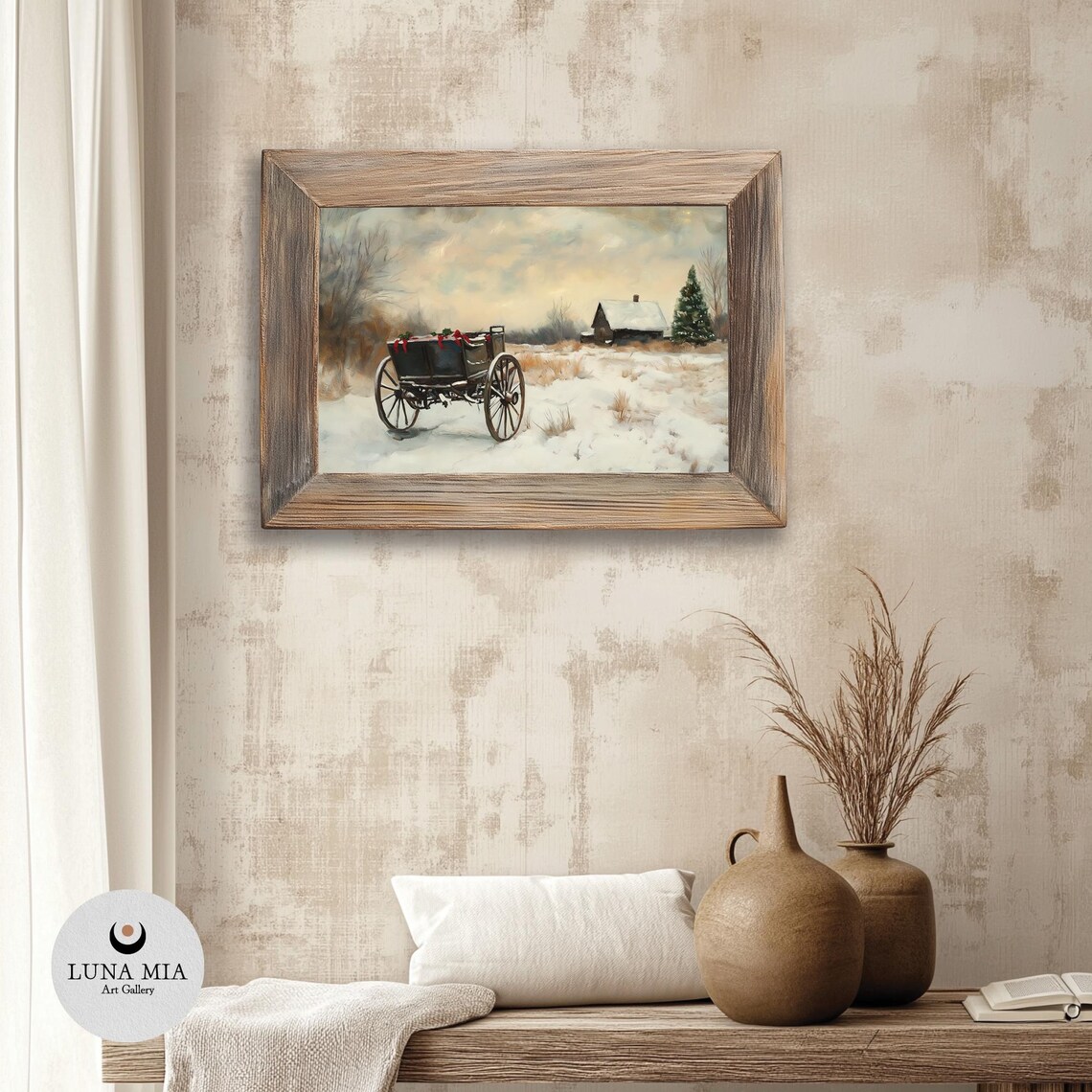 Horse Drawn Wagon With Red Bows In A Snowy Field Vintage Winter Poster - Image 3