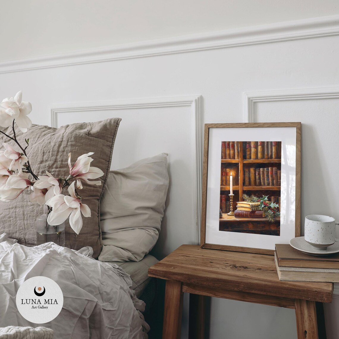 Vintage Cozy Christmas Library Bookshelf Candle Oil Painting Poster - Image 2