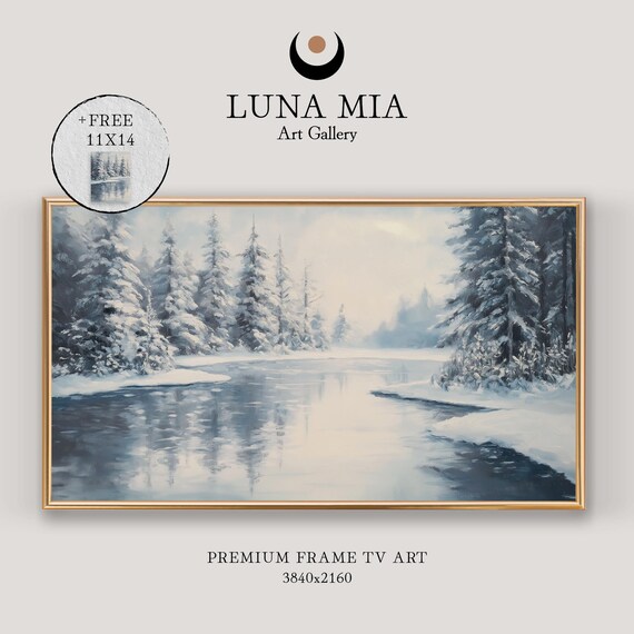 Snowy Pine Trees Around Frozen River Tranquil Winter Scene Poster