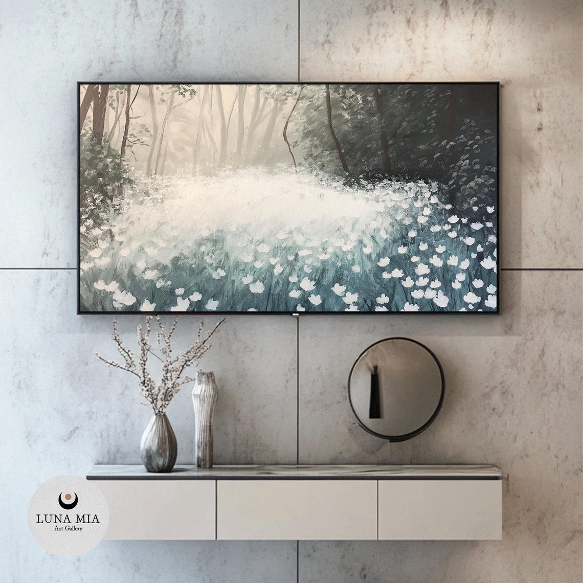 White Flower Field In A Misty Forest Clearing Serene Nature Poster - Image 2