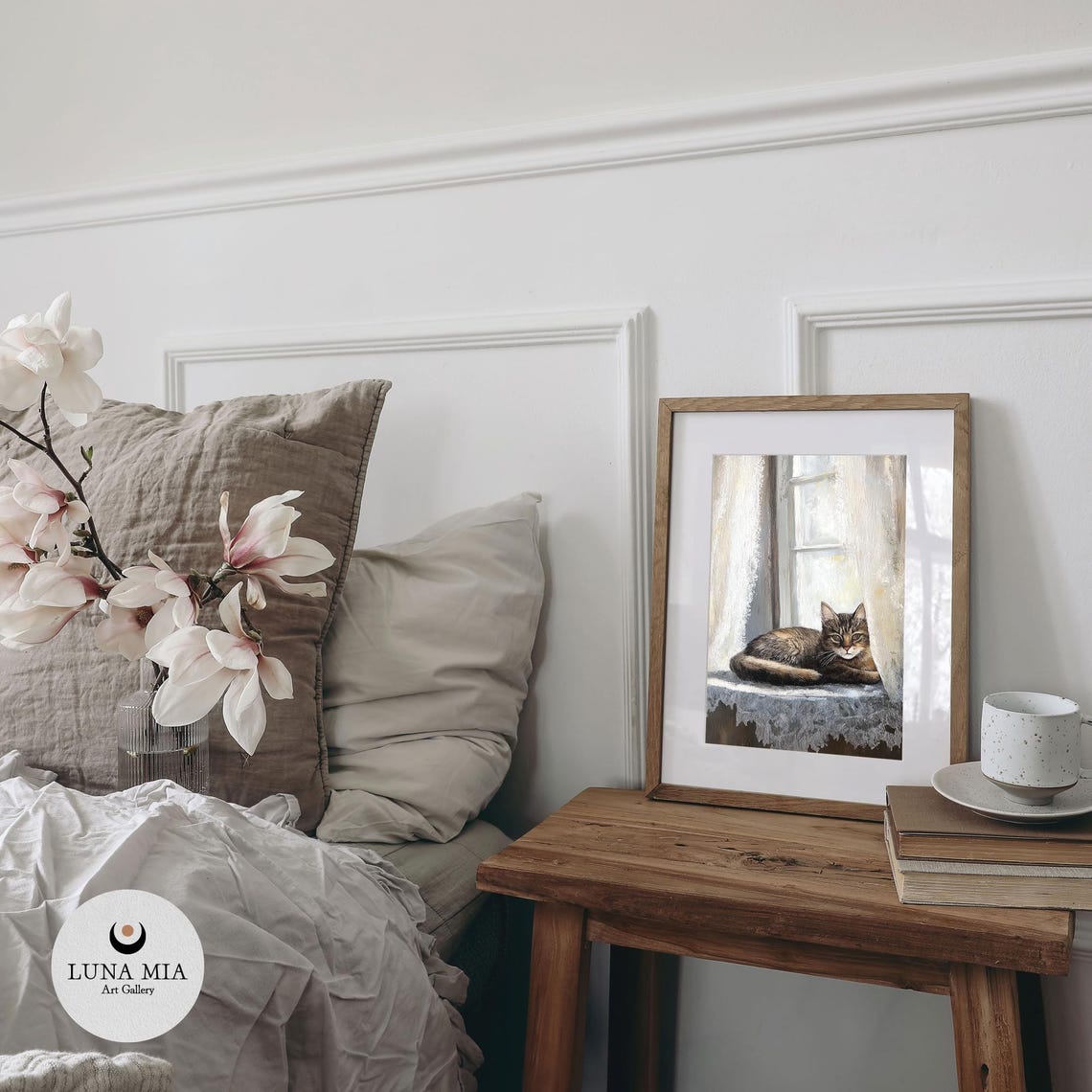 Tabby Cat Lounging On Sunny Windowsill Lace Curtains Painting Poster - Image 2