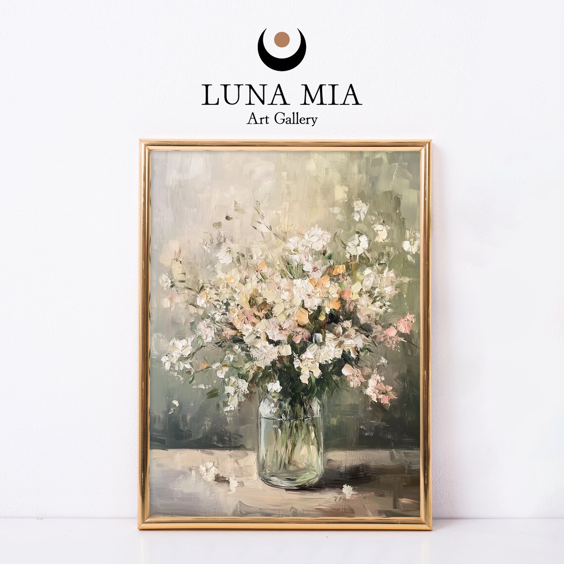 White Blossom Bouquet Glass Jar Soft Green Oil Painting Art Poster