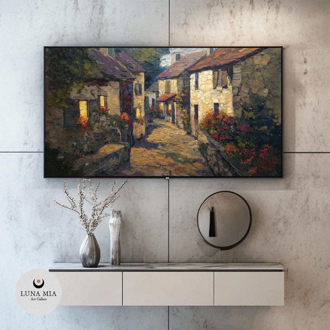 Cobblestone Village Street At Dusk With Glowing Windows Floral Poster - Image 2