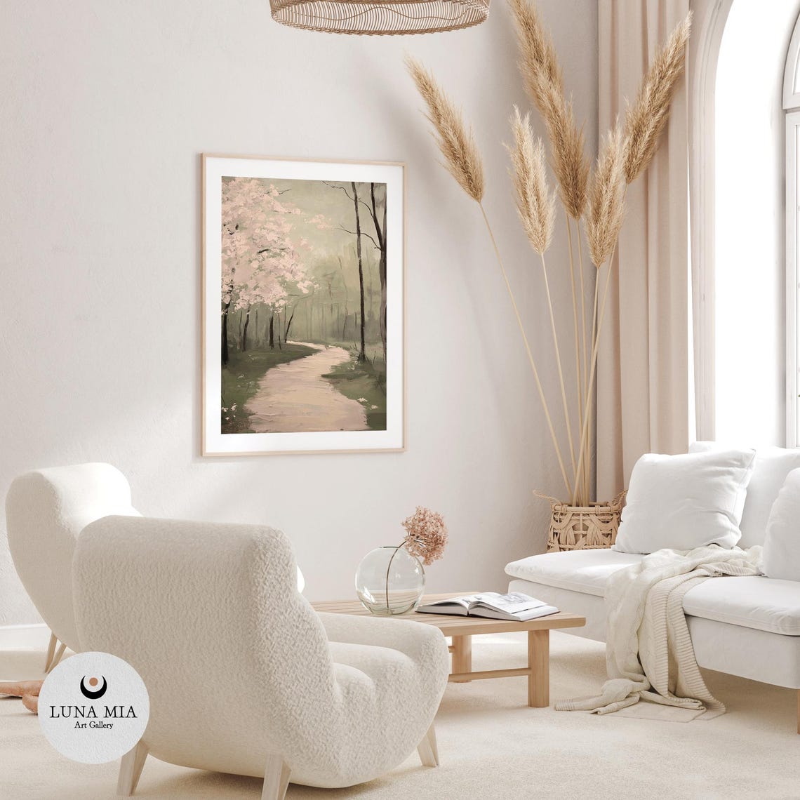 Vintage Forest Path In Green Pink Tones Oil Painting For Serene Wall Art - Image 3