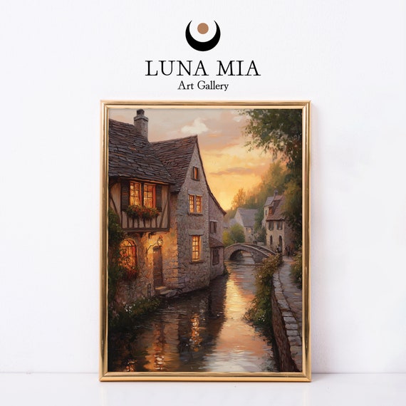 Transform Your Space With Nostalgic Charm Vintage Village At Sunset Oil Painting Wall Art Print For Instant Decor