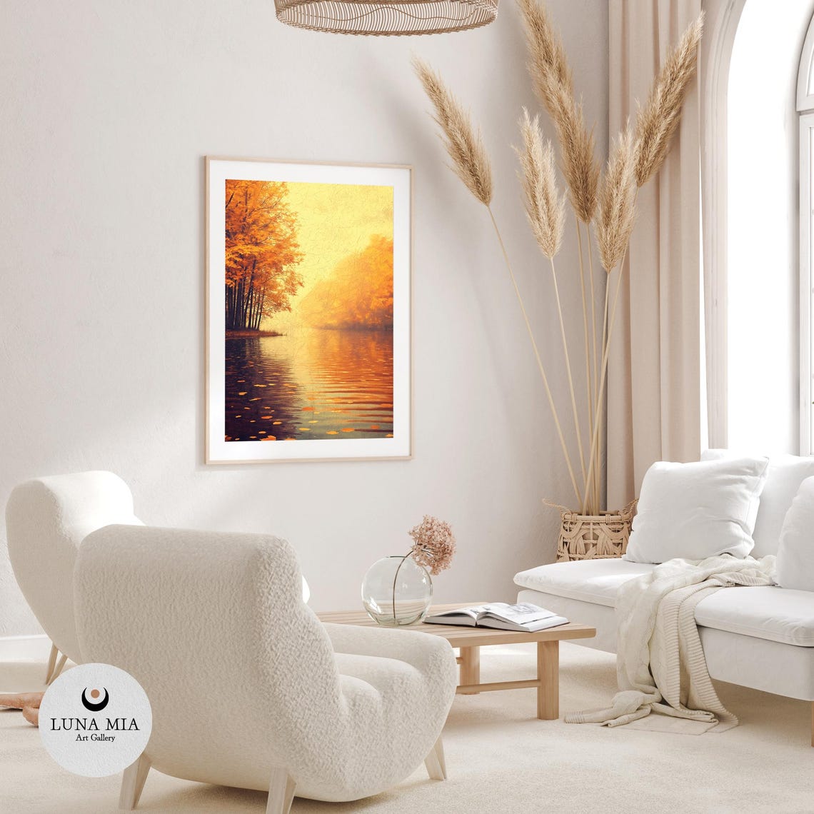 Golden Autumn Lake Reflection Floating Leaves Oil Painting Poster - Image 3