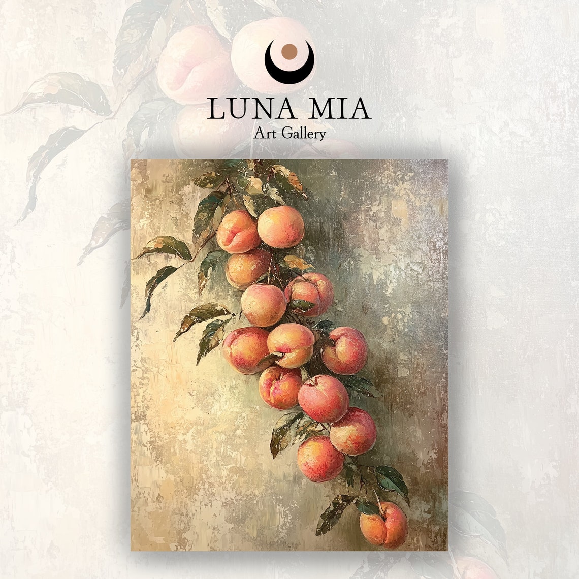 Juicy Ripe Peaches Hanging on Branch Vintage Still Life Art Poster - Image 2