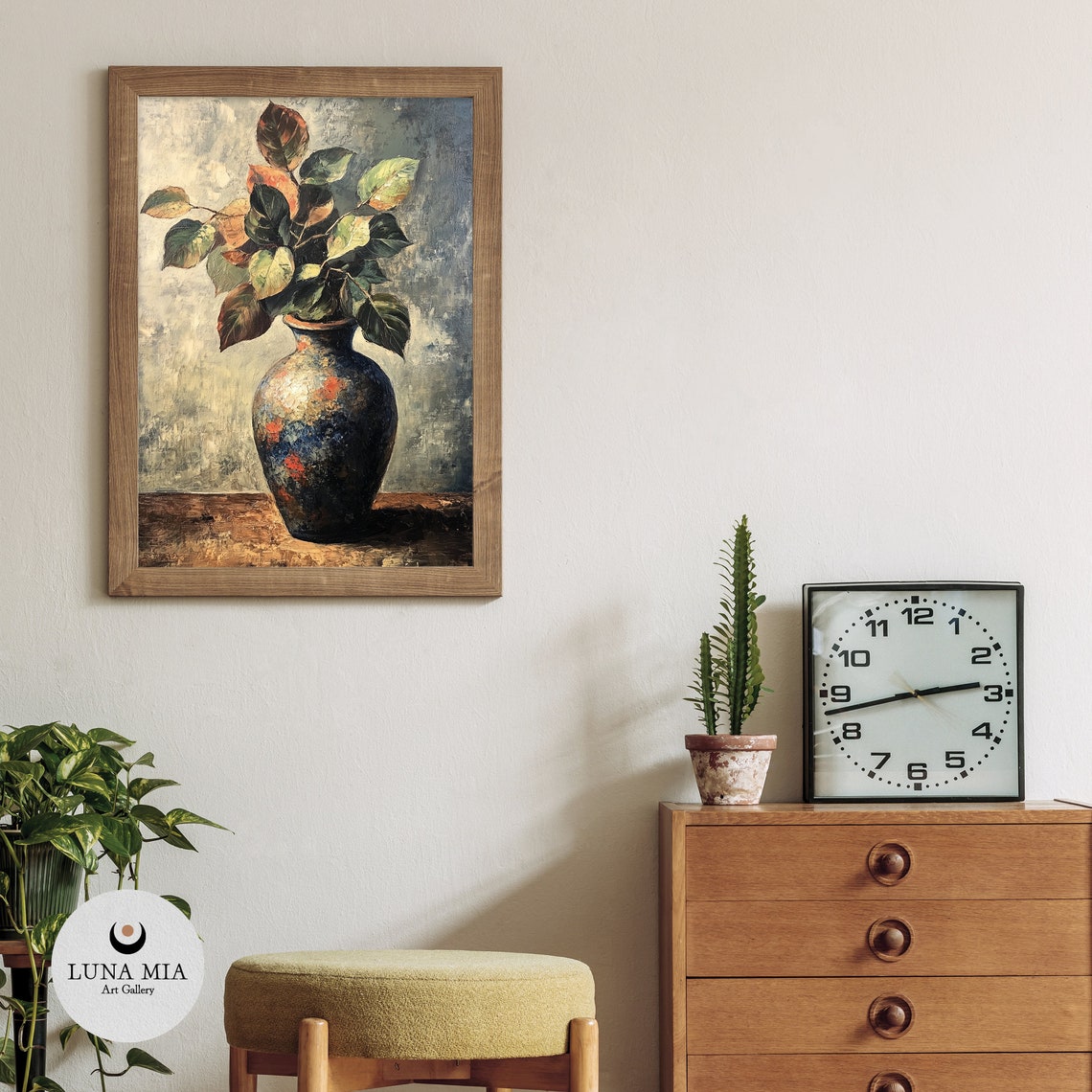 Dark Vase Green Foliage Branches Moody Still Life Oil Painting Poster - Image 3